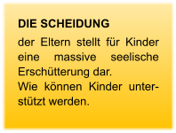 DIE SCHEIDUNG der Eltern stellt für Kinder eine massive seelische Erschütterung dar. Wie können Kinder unter-stützt werden.