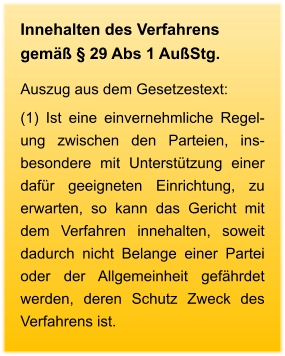 Innehalten des Verfahrens gemäß § 29 Abs 1 AußStg. Auszug aus dem Gesetzestext: (1) Ist eine einvernehmliche Regel-ung zwischen den Parteien, ins-besondere mit Unterstützung einer dafür geeigneten Einrichtung, zu erwarten, so kann das Gericht mit dem Verfahren innehalten, soweit dadurch nicht Belange einer Partei oder der Allgemeinheit gefährdet werden, deren Schutz Zweck des Verfahrens ist.